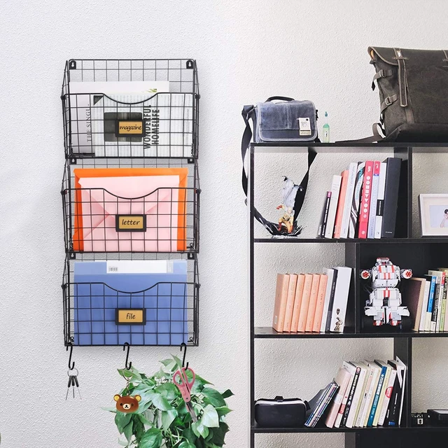 Alt view image 6 of 7 - 3-Tier Hanging Wall Files with Door Hooks and 6pcs S Shape Hooks Over the Door File Organizer & Mounts on Wall Metal Folder, with Tag Slot Great for Office Home and Work, Black