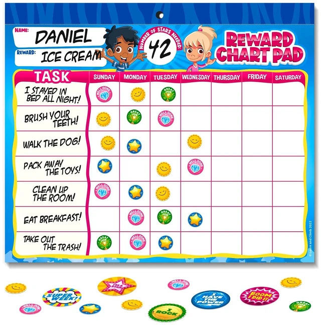 Main image of Behavior Reward System - Pad with 15 Chore Charts for Kids, 850 Stickers to Motivate Responsibility & Good Habits