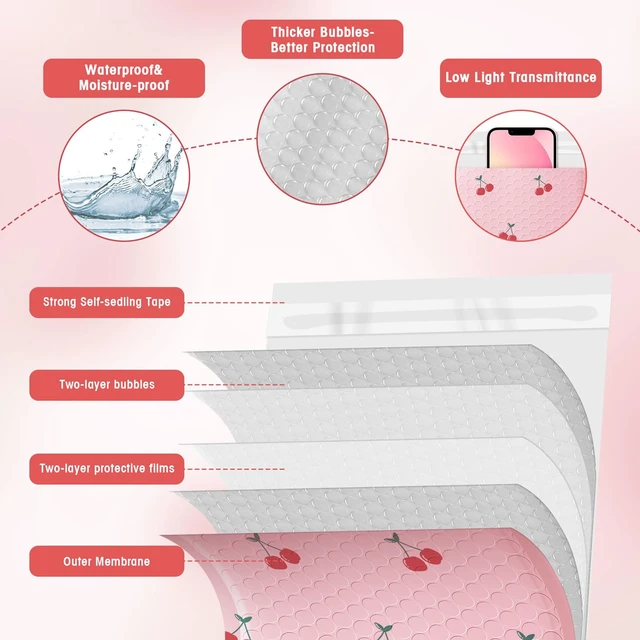 Alt view image 4 of 7 - 6x10" Bubble Mailers 100 Pack Cherry Pattern Pink Padded Envelopes Usable Size 6x9" Waterproof Self Seal Cute Bubble Envelopes for Small Business Mailing Envelopes for Jewelry, Gifts #0