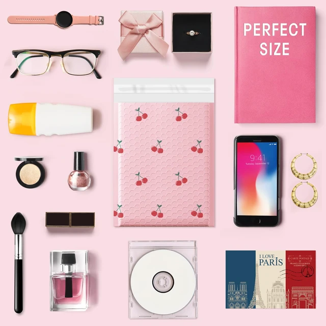Alt view image 6 of 7 - 6x10" Bubble Mailers 100 Pack Cherry Pattern Pink Padded Envelopes Usable Size 6x9" Waterproof Self Seal Cute Bubble Envelopes for Small Business Mailing Envelopes for Jewelry, Gifts #0