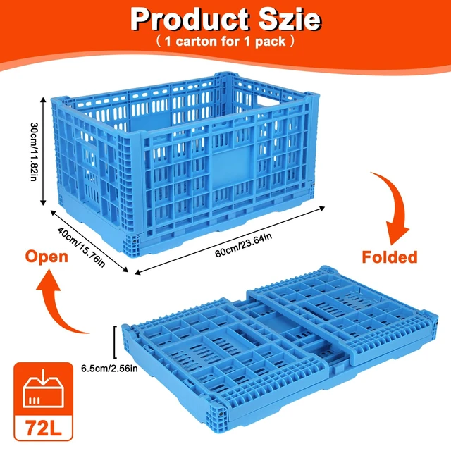 Alt view image 2 of 6 - 72L Collapsible Milk Crate with Handles, Large Plastic Crate, Heavy Duty Folding Storage Crates for Home Organizing, Tools, Books, Camping & Transport