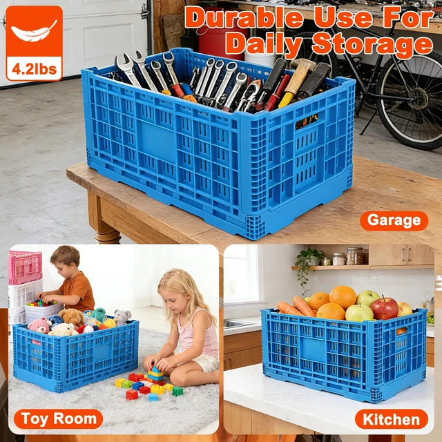 Alt view image 5 of 6 - 72L Collapsible Milk Crate with Handles, Large Plastic Crate, Heavy Duty Folding Storage Crates for Home Organizing, Tools, Books, Camping & Transport