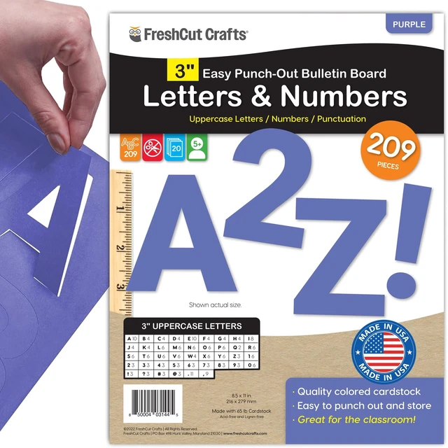 Main image of 3 Inch Bulletin Board Letters & Numbers, Purple, 209 Piece, Poster Board Capital letters, numbers & punctuation, precut US-made cardstock, bulletin board decorations