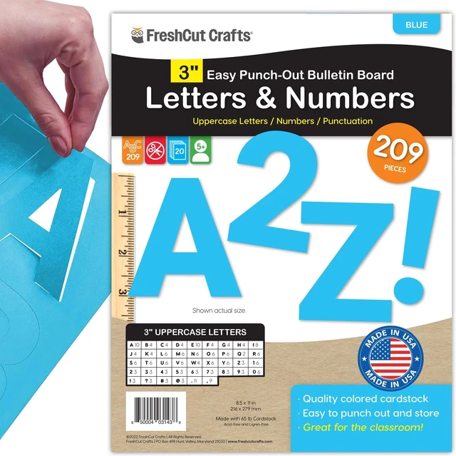 Main image of 3 Inch Bulletin Board Letters & Numbers, Blue, 209 Piece, Poster Board Capital letters, numbers & punctuation, precut US-made cardstock, bulletin board decorations