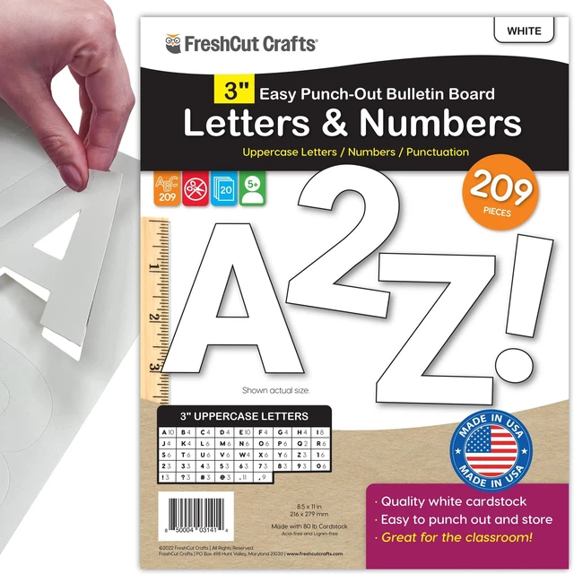 Main image of 3 Inch Bulletin Board Letters & Numbers, White, 209 Piece, Poster Board Capital letters, numbers & punctuation, precut US-made cardstock, bulletin board decorations