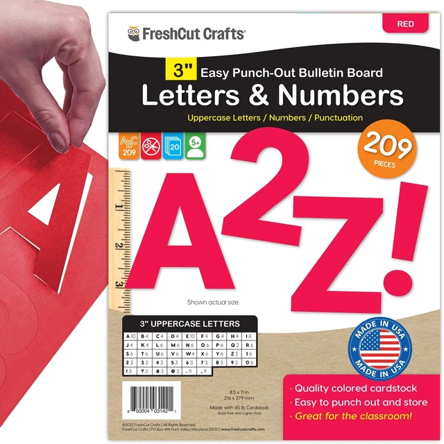 Main image of 3 Inch Bulletin Board Letters & Numbers, Red, 209 Piece, Poster Board Capital letters, numbers & punctuation, precut US-made cardstock, bulletin board decorations