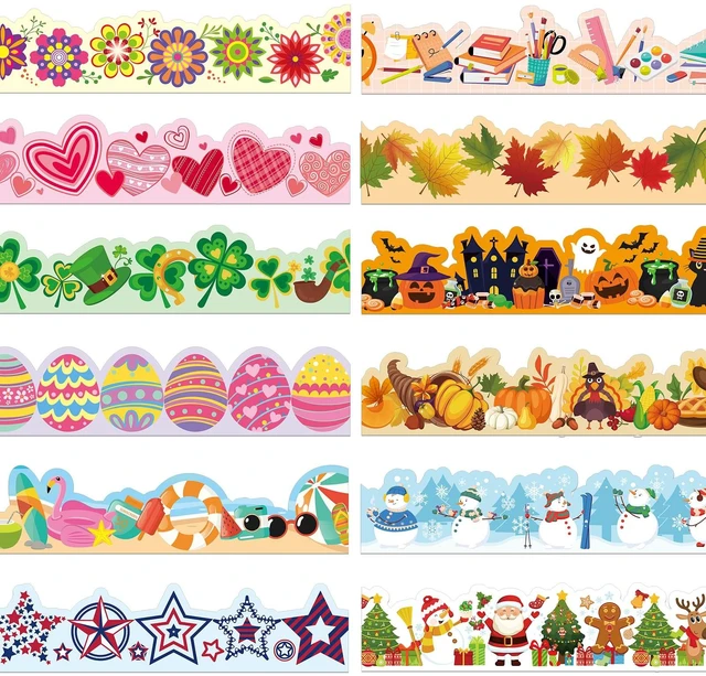 Main image of 240 Pcs Bulletin Board Borders Scalloped Classroom,Watercolor Style Black White Patterns, 236ft Trim Bulk for Seasonal Classroom Decoration, Teacher Border Strips, Scalloped Edge Easy Cut