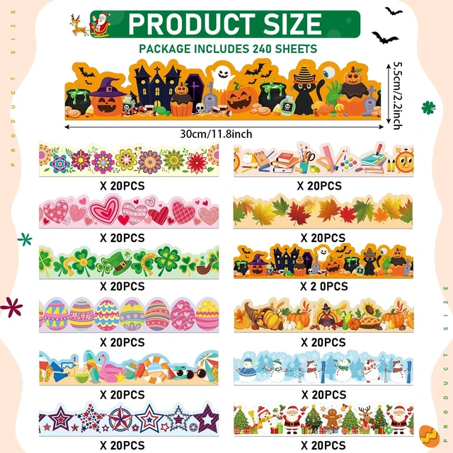 Alt view image 2 of 7 - 240 Pcs Bulletin Board Borders Scalloped Classroom,Watercolor Style Black White Patterns, 236ft Trim Bulk for Seasonal Classroom Decoration, Teacher Border Strips, Scalloped Edge Easy Cut