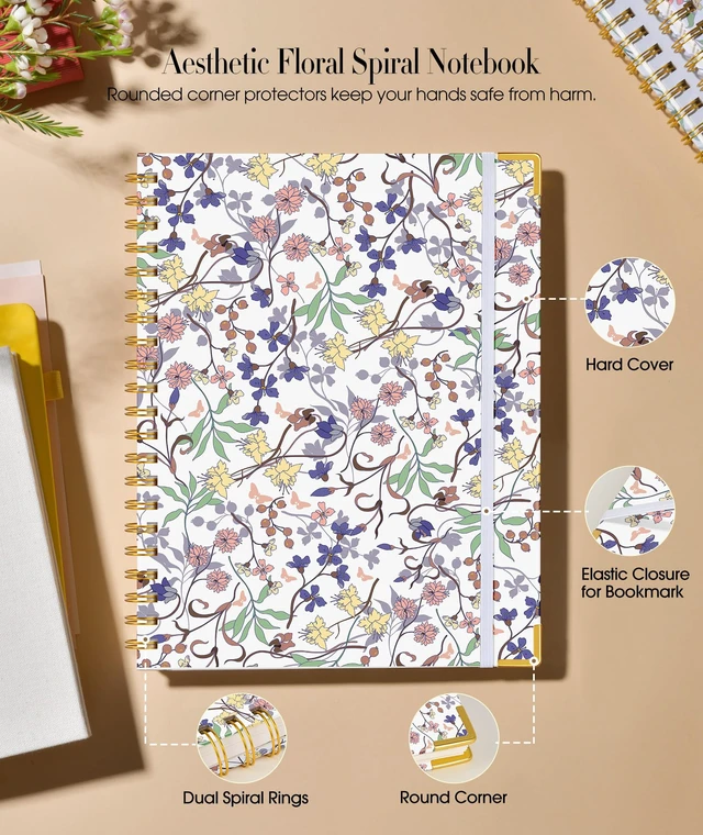 Alt view image 2 of 7 - Cute Spiral Notebook Journal for Women, 200 Pages Lined Notebooks 8.5 x 11, A4 Large Hardcover Spiral Journals with 100 GSM Thick Paper, College Ruled Notebook for Writing Work School, Purple Floral