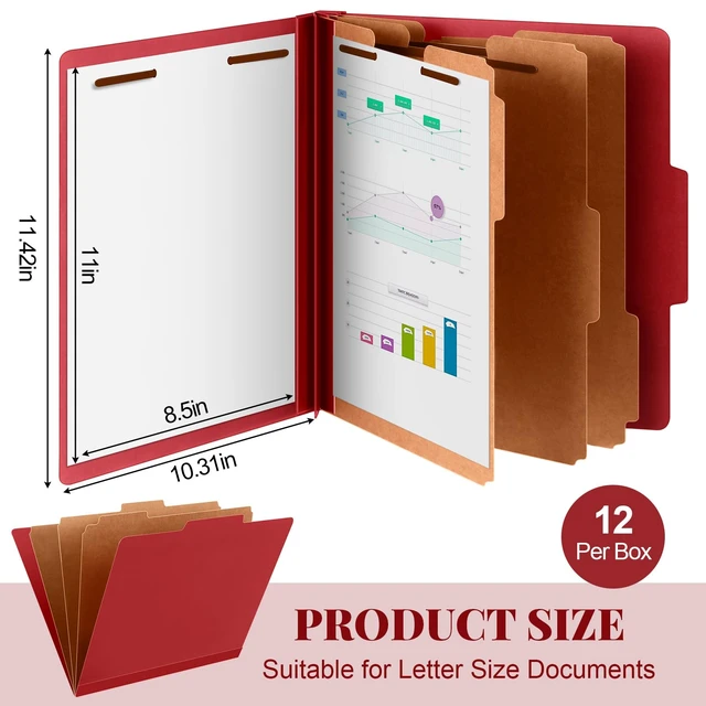 Alt view image 2 of 6 - 12 Pcs Classification Folder Letter Size, 3 Divider File,Red Pressboard Personnel File Folders with Fastener, Expanding Organizer Bulk for Medical, Legal, School Teacher, Office Staff