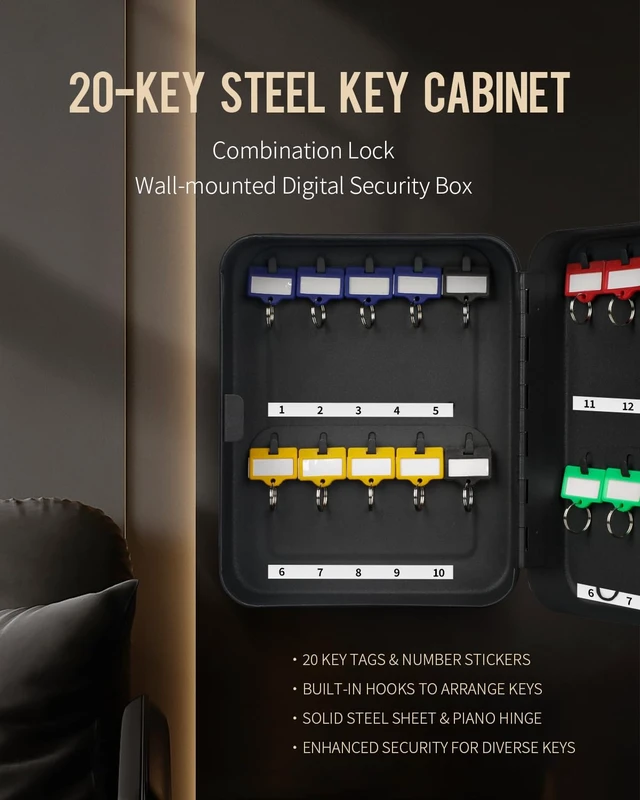 Alt view image 4 of 7 - 20-Key Steel Key Cabinet, Key Box with Combination Lock, Black Resettable digital combination lock, wall mount security storage box for home, offices, schools and business use