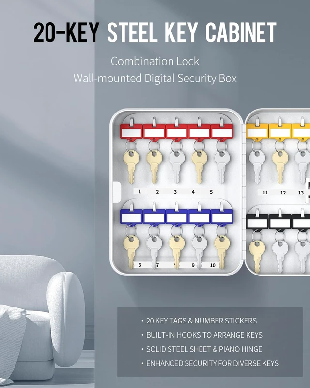 Alt view image 4 of 7 - 20 Position Key Cabinet with Combination Lock Resettable White Digital Security Storage Box Steel Key Organizer with Colorful Key Tag Labels Stickers and Hooks