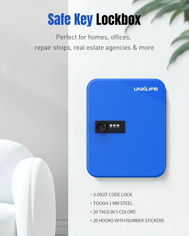 Alt view image 3 of 7 - 20 Keys Key Lock Box with Code, Wall Mount Lock Box for Keys with Code, Key Organizer with Tags, Key Cabinet, Key Storage Box for Home Office & Company, Blue