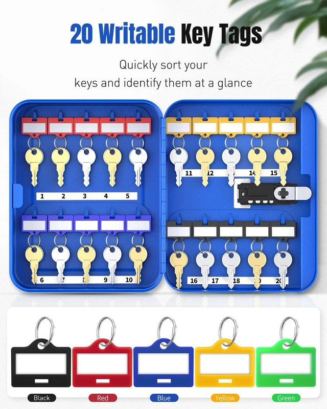 Alt view image 6 of 7 - 20 Keys Key Lock Box with Code, Wall Mount Lock Box for Keys with Code, Key Organizer with Tags, Key Cabinet, Key Storage Box for Home Office & Company, Blue