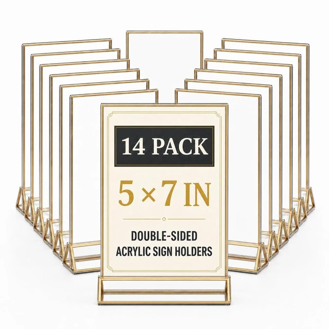 Main image of 14 Pack Acrylic Sign Holder 5x7 Gold Frames, Wedding Table Number Holders Double Sided Vertical Clear Display Stand, Picture Holders for Tables, Menus, Flyers, Party and Office Decor