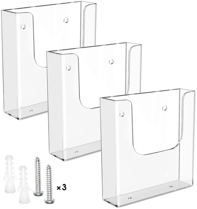 Main image of Acrylic Brochure Holder Wall Mount, 6 Inch Wide, 3 Pack Durable Clear Acrylic, Easy to Install with Screws, U-Shaped Design for Easy Access, Fits 6x9 Brochure or Literature