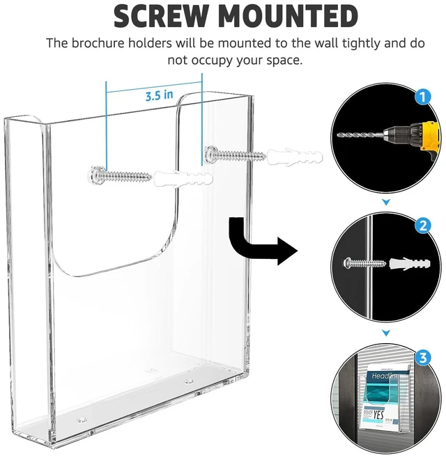 Alt view image 5 of 7 - Acrylic Brochure Holder Wall Mount, 6 Inch Wide, 3 Pack Durable Clear Acrylic, Easy to Install with Screws, U-Shaped Design for Easy Access, Fits 6x9 Brochure or Literature