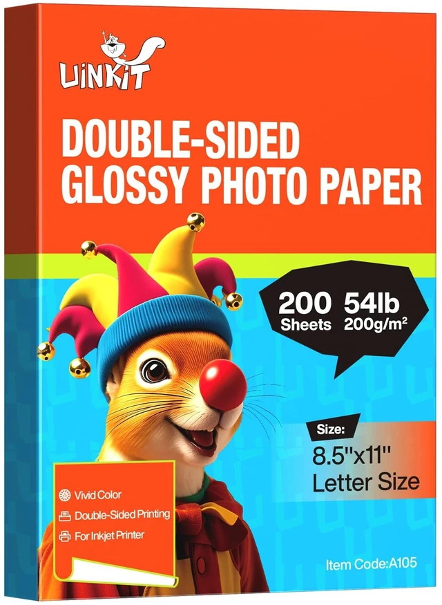 Main image of Double-Sided Glossy Inkjet Photo Paper 8.5x11, 200 Sheets, 200gsm 54lb, 9.5 mil glossy paper for dye ink inkjet printers; fast drying for photos, brochures, cards and menus
