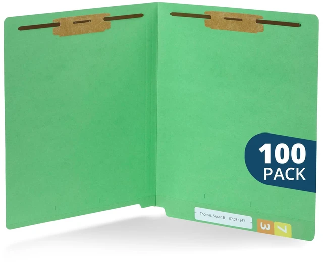 Main image of 100 Green End Tab Fastener File Folders, Letter Size Durable 11pt Green Paper, Straight Cut End Tabs, 2 Prong Fasteners, Medical Files, Receipts, Office Reports