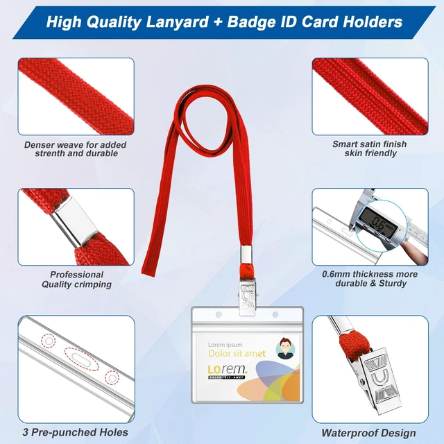 Alt view image 3 of 7 - 100Pcs Lanyard for ID Badge and 100Pcs Horizontal Name Badge ID Card Holder Flat Neck Lanyards with Clip Clear Plastic Waterproof Name Tag Badge ID Card Holders, Red