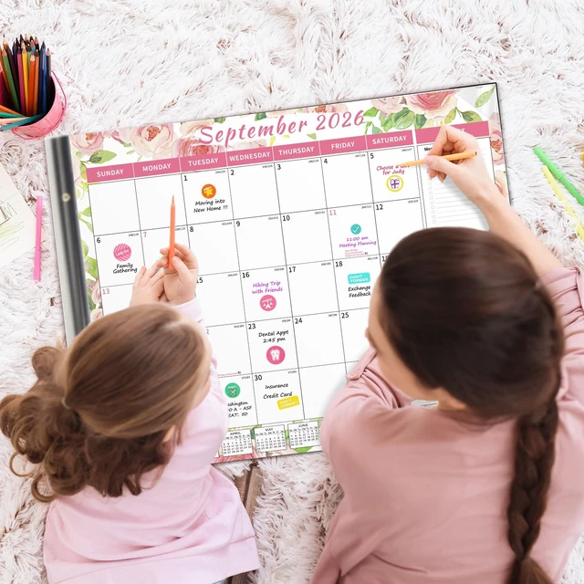 Alt view image 2 of 7 - Calendar 2026-2027 Large Desk Calendar 2026 Monthly Desktop Calendar 22'' x 17'', 18 Month Family Office Calendar with Plastic Cover, Use July 2026 - Dec 2027, Watercolor Floral