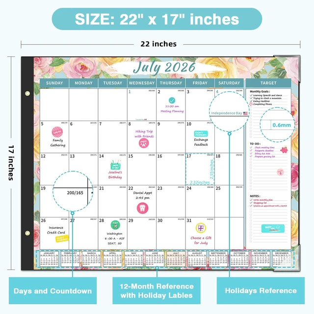 Alt view image 4 of 7 - Calendar 2026-2027 Large Desk Calendar 2026 Monthly Desktop Calendar 22'' x 17'', 18 Month Family Office Calendar with Plastic Cover, Use July 2026 - Dec 2027, Watercolor Floral