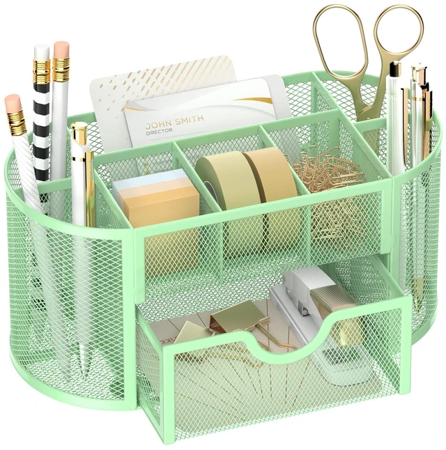 Main image of Mesh Desk Organizer with Drawer, 9-Compartment Pen Holder for Desk, Green Pull-Out Drawer Stores Pens, Pencils, Clips, Notes, and Small Office or School Supplies in One Compact Desk Caddy