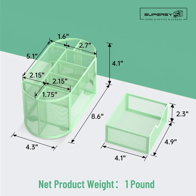 Alt view image 3 of 7 - Mesh Desk Organizer with Drawer, 9-Compartment Pen Holder for Desk, Green Pull-Out Drawer Stores Pens, Pencils, Clips, Notes, and Small Office or School Supplies in One Compact Desk Caddy