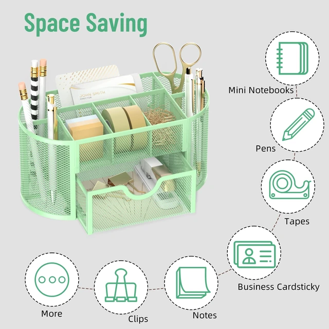 Alt view image 4 of 7 - Mesh Desk Organizer with Drawer, 9-Compartment Pen Holder for Desk, Green Pull-Out Drawer Stores Pens, Pencils, Clips, Notes, and Small Office or School Supplies in One Compact Desk Caddy