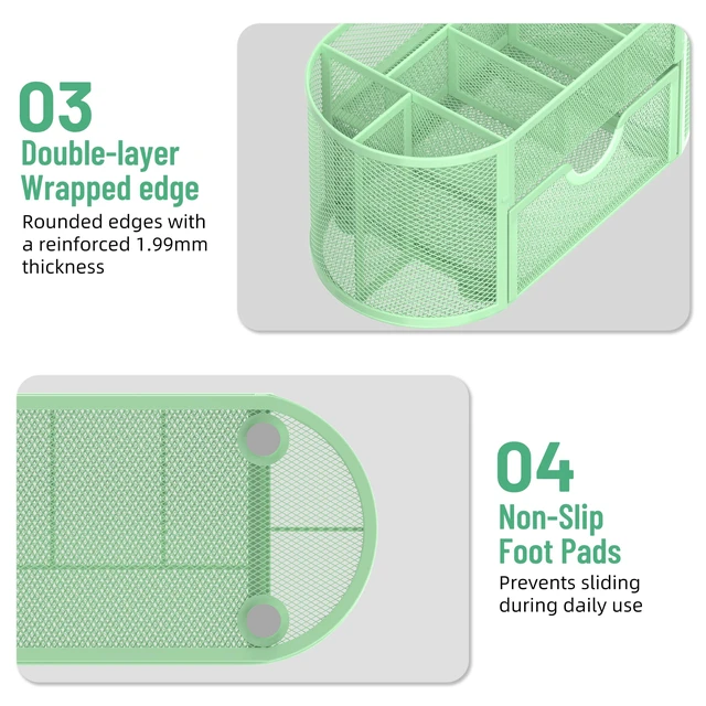 Alt view image 6 of 7 - Mesh Desk Organizer with Drawer, 9-Compartment Pen Holder for Desk, Green Pull-Out Drawer Stores Pens, Pencils, Clips, Notes, and Small Office or School Supplies in One Compact Desk Caddy