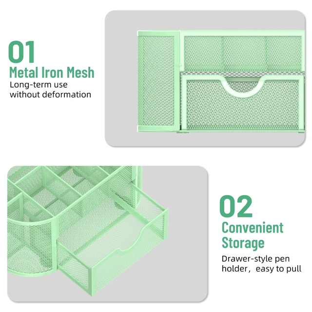 Alt view image 5 of 7 - Mesh Desk Organizer with Drawer, 9-Compartment Pen Holder for Desk, Green Pull-Out Drawer Stores Pens, Pencils, Clips, Notes, and Small Office or School Supplies in One Compact Desk Caddy