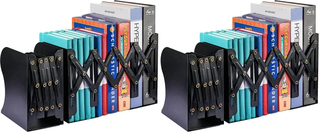 Main image of 2PCS Adjustable Bookends, Metal Book Ends for Heavy Book, 2 Dividers, Nonslip Book Stander for Desk, Shelf, Office, Stationery Gift, Extends up to 19 inches (Black) (Pack of 2)