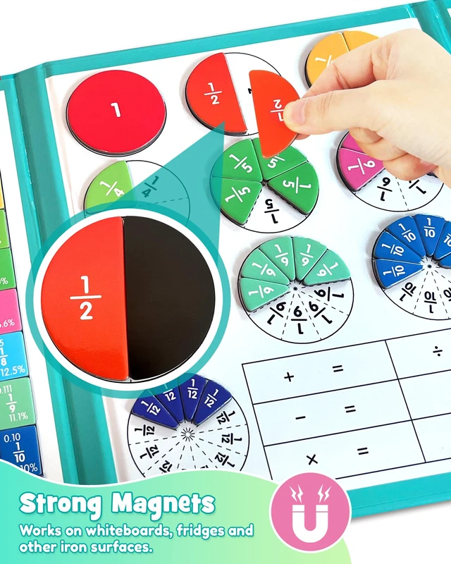 Alt view image 6 of 7 - Magnetic Fraction Educational Puzzle, Fraction Manipulatives Book Montessori Fraction Tiles & Circles Set, Fraction Learning Demonstration Board for Kids, Homeschool & Classroom Manipulatives