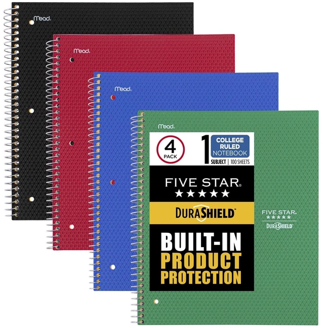 Main image of DuraShield Notebooks with Antimicrobial Front Covers, 4 Pack, 1 Subject, College Ruled Paper, 11" x 8-1/2", 100 Sheets, Black, Red, Blue, Green (820029-ECM)