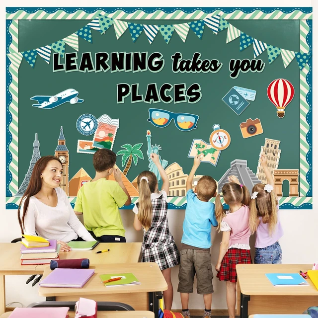 Alt view image 4 of 6 - Learning Takes You Places Bulletin Board Set Classroom Decorations Learning Travel Motivational Travel Around the World Bulletin Board Cutouts for Door Wall Decor Home School Library Supplies