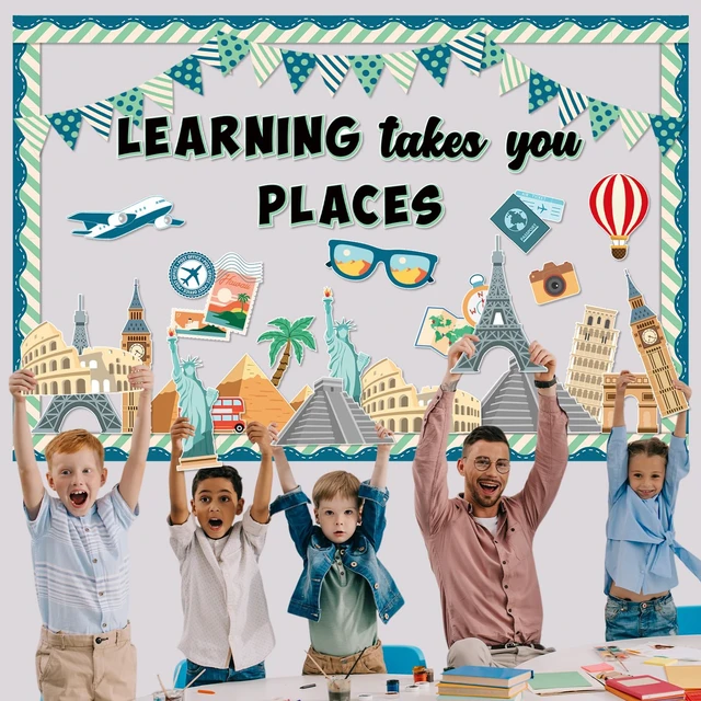 Alt view image 5 of 6 - Learning Takes You Places Bulletin Board Set Classroom Decorations Learning Travel Motivational Travel Around the World Bulletin Board Cutouts for Door Wall Decor Home School Library Supplies