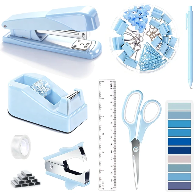 Main image of Blue Desk Accessories, Blue Office Supplies Accessories with Tape Dispenser, Stapler, Staple Remover, 1000 Staples, Tape, Clips Set, Ruler, Scissor, Pen