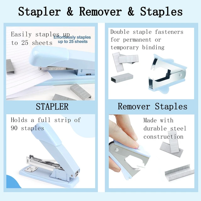 Alt view image 2 of 6 - Blue Desk Accessories, Blue Office Supplies Accessories with Tape Dispenser, Stapler, Staple Remover, 1000 Staples, Tape, Clips Set, Ruler, Scissor, Pen