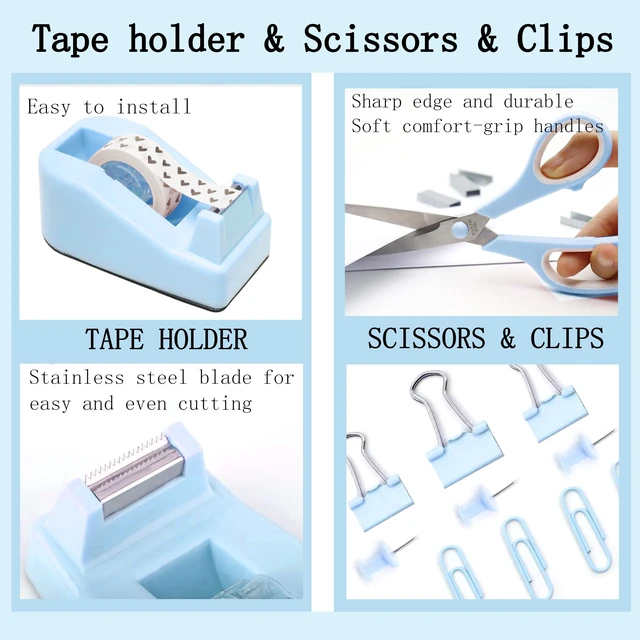 Alt view image 3 of 6 - Blue Desk Accessories, Blue Office Supplies Accessories with Tape Dispenser, Stapler, Staple Remover, 1000 Staples, Tape, Clips Set, Ruler, Scissor, Pen