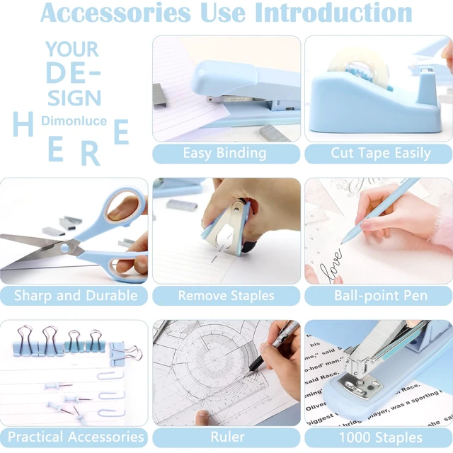 Alt view image 4 of 6 - Blue Desk Accessories, Blue Office Supplies Accessories with Tape Dispenser, Stapler, Staple Remover, 1000 Staples, Tape, Clips Set, Ruler, Scissor, Pen