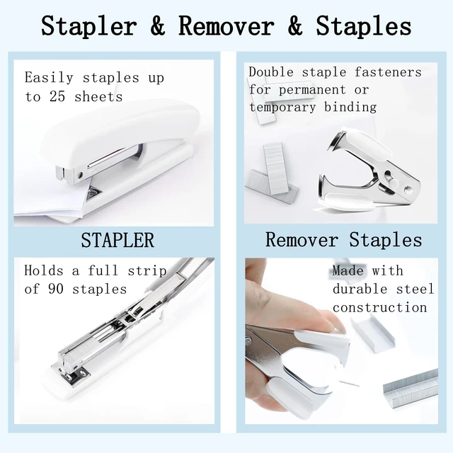 Alt view image 2 of 6 - Office Desk Accessories, White Office Supplies Accessories with Tape Dispenser, Stapler, Staple Remover, 1000 Staples, Tape, Clips Set, Ruler, Scissor, Pen