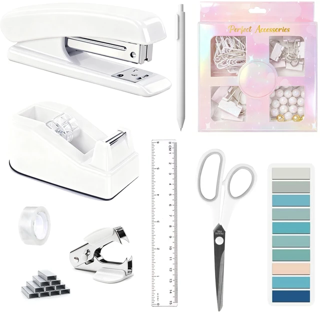 Main image of Office Desk Accessories, White Office Supplies Accessories with Tape Dispenser, Stapler, Staple Remover, 1000 Staples, Tape, Clips Set, Ruler, Scissor, Pen
