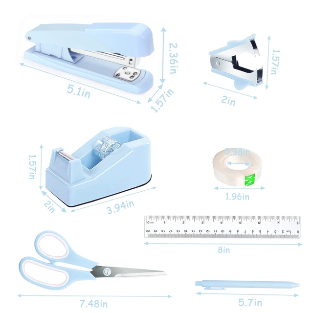 Alt view image 6 of 6 - Blue Desk Accessories, Blue Office Supplies Accessories with Tape Dispenser, Stapler, Staple Remover, 1000 Staples, Tape, Clips Set, Ruler, Scissor, Pen