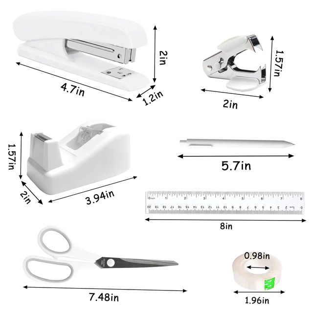 Alt view image 6 of 6 - Office Desk Accessories, White Office Supplies Accessories with Tape Dispenser, Stapler, Staple Remover, 1000 Staples, Tape, Clips Set, Ruler, Scissor, Pen