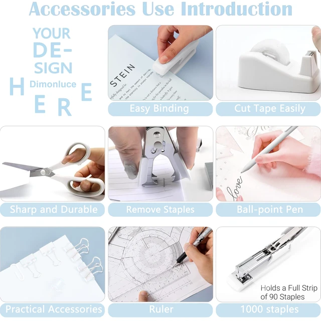 Alt view image 3 of 6 - Office Desk Accessories, White Office Supplies Accessories with Tape Dispenser, Stapler, Staple Remover, 1000 Staples, Tape, Clips Set, Ruler, Scissor, Pen