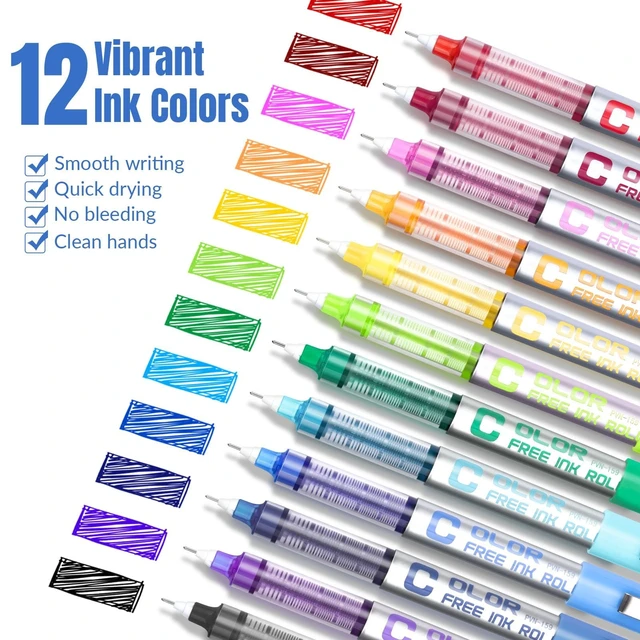 Alt view image 2 of 5 - Roller Ball Pens, Needle Tip, 0.5mm Extra Fine Point, 12 Colors Quick Dry, Liquid Ink Rollerball Pens Fine Point Smooth Writing Pen for Journaling, Note Taking, Office, School Supplies
