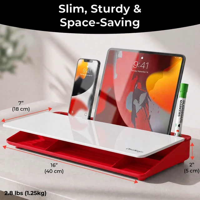 Alt view image 2 of 7 - Red/White Glass Desktop Whiteboard with Storage, Dry Erase Board Work Desk Organizers, Computer Keyboard Stand, Home Office Desk Accessories, Workspace Deskboard Buddy, Small White Board