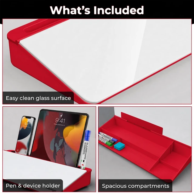 Alt view image 3 of 7 - Red/White Glass Desktop Whiteboard with Storage, Dry Erase Board Work Desk Organizers, Computer Keyboard Stand, Home Office Desk Accessories, Workspace Deskboard Buddy, Small White Board