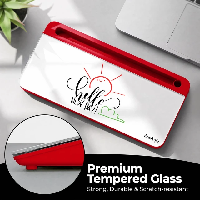 Alt view image 5 of 7 - Red/White Glass Desktop Whiteboard with Storage, Dry Erase Board Work Desk Organizers, Computer Keyboard Stand, Home Office Desk Accessories, Workspace Deskboard Buddy, Small White Board
