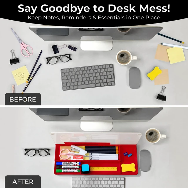 Alt view image 4 of 7 - Red/White Glass Desktop Whiteboard with Storage, Dry Erase Board Work Desk Organizers, Computer Keyboard Stand, Home Office Desk Accessories, Workspace Deskboard Buddy, Small White Board